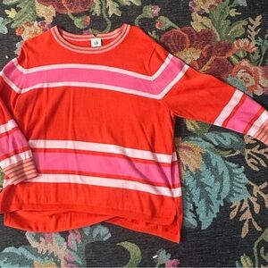 CAbi Women's Orange and Pink Striped Crew Neck Sweater
